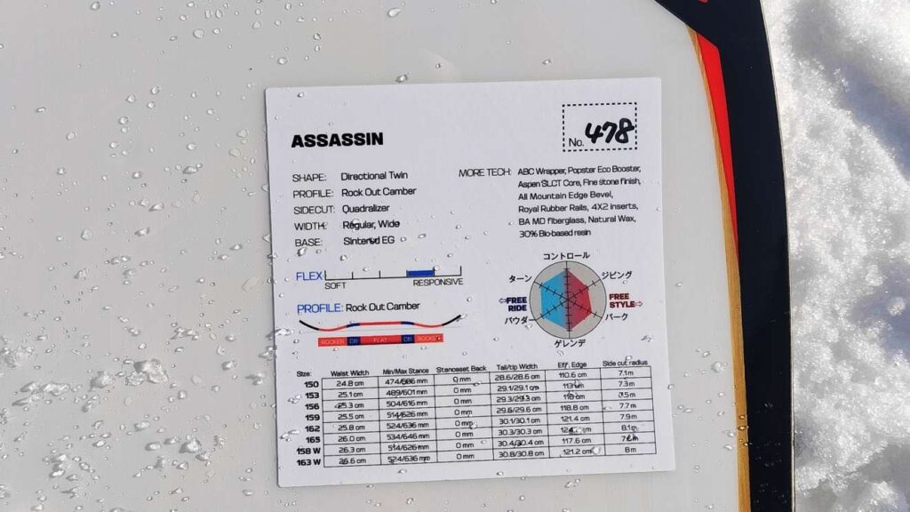 SALOMONスノーボードのアサシンのボードに貼られたスペック表の写真