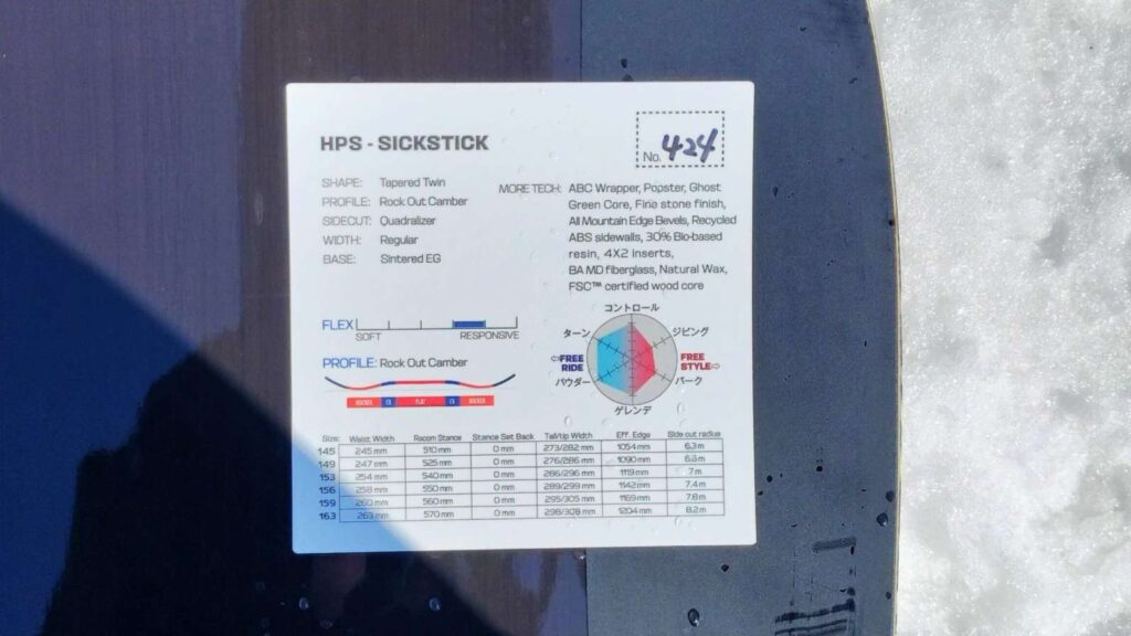 SALOMONシックスティックのボードに貼られたスペック表