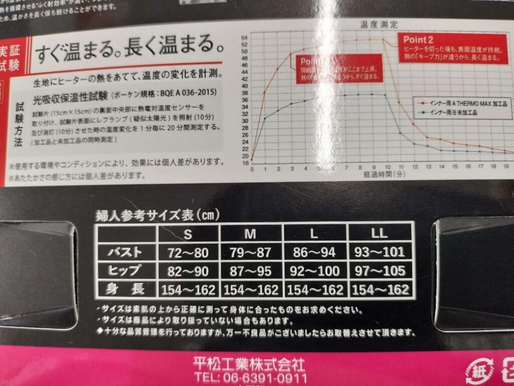 ワークマンサーモマックスレディースモデルのサイズ表記の写真