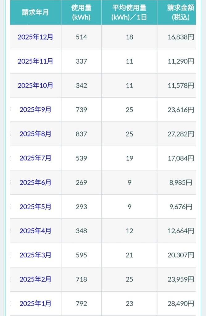 シンエナジーの12か月分の利用料金の画像