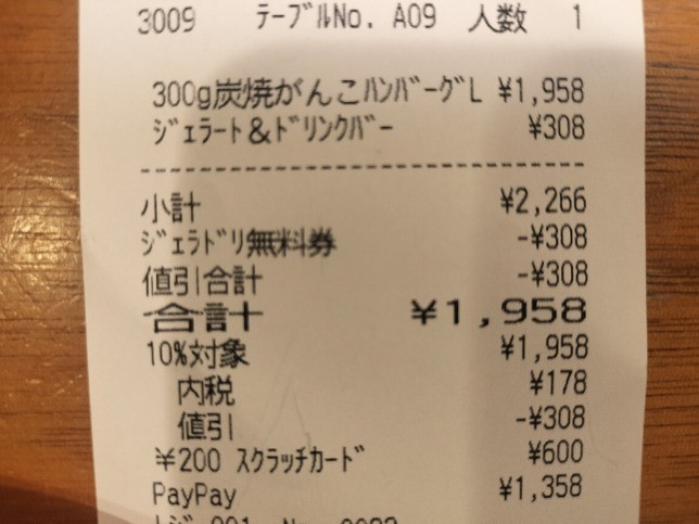 ブロンコビリーのスクラッチカードでの値引きレシートの写真